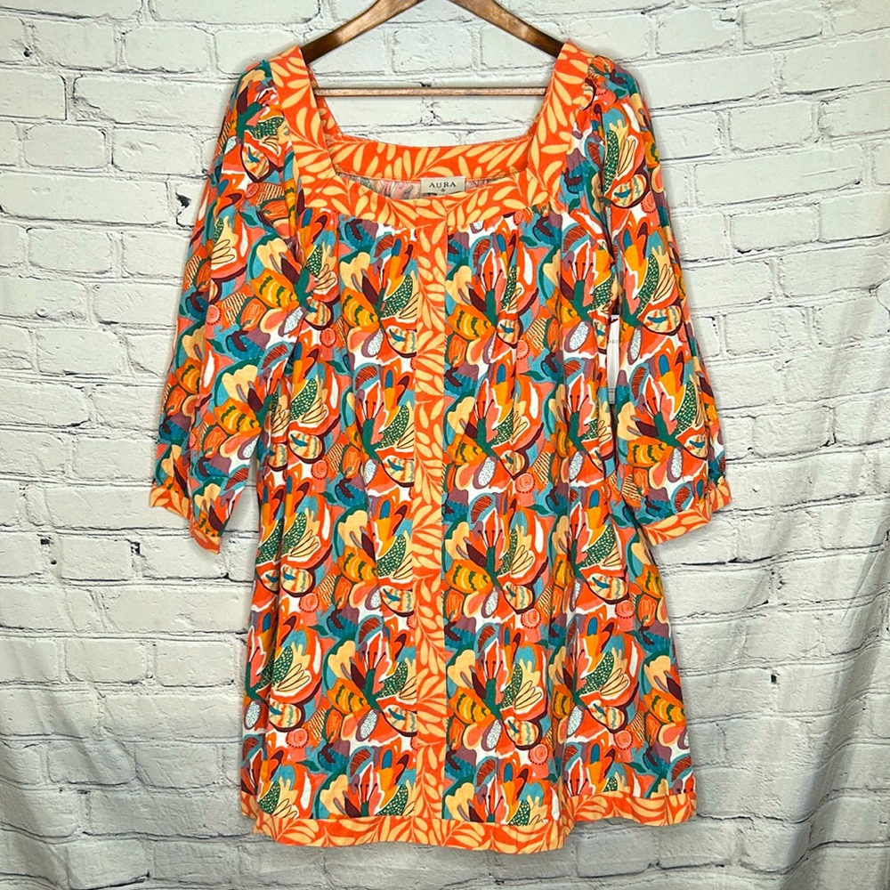 Aura Orange Blue Square Neck Long Sleeve Dress Size Medium Excellent Condition